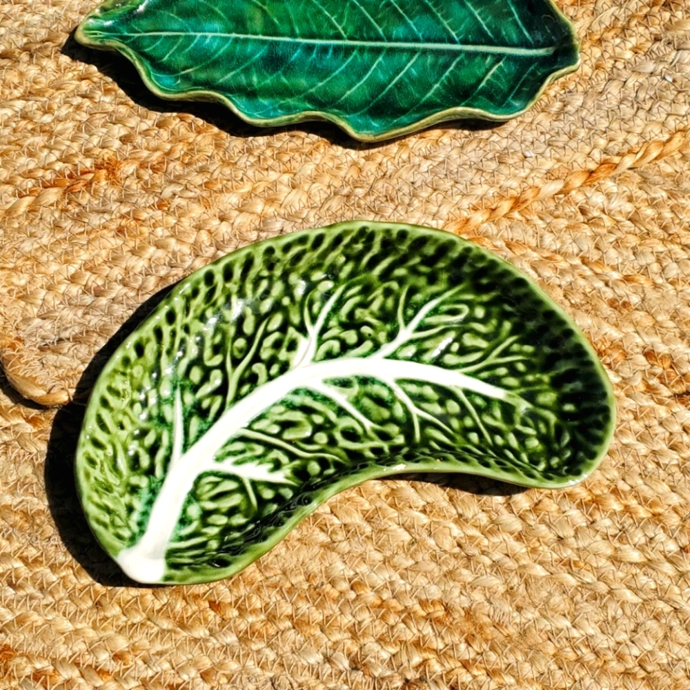 2 ceramic lettuce leaf trinket decor trays